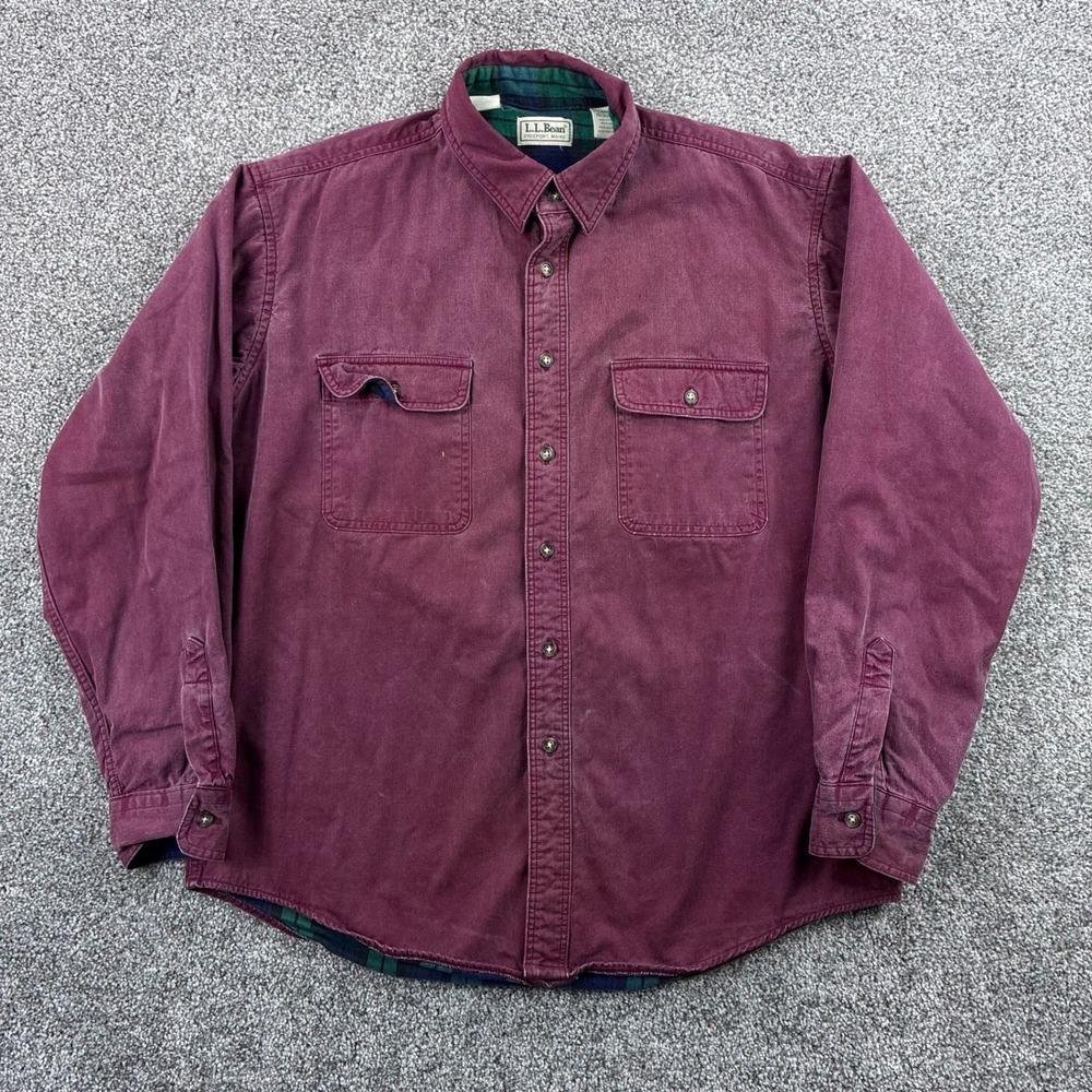 Vintage L.L. Bean Chamois Shirt Mens Large Red Burgundy Flannel Lined Cotton